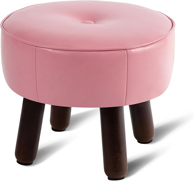 Small Foot Stool Round Pouf Ottoman, 13'' Leather Foot Rest with Non-Skid Rubber Legs, Foolstool Ottomans for Couch, Sofa Footrest Step Stool for Living Room Bedroom Entryway Office, Pink-Ruum Studio Home