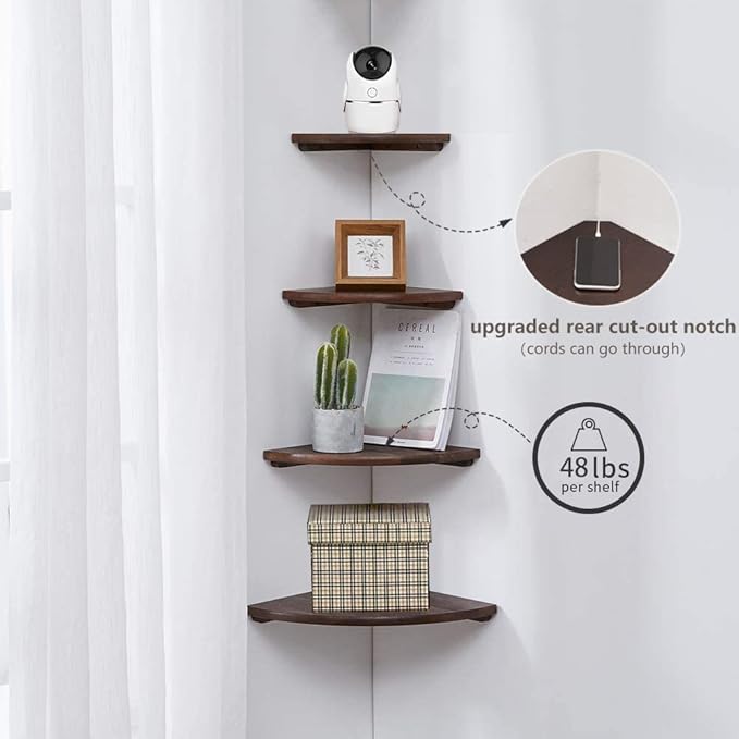 Corner Shelf, 7inch Solid Walnut Wood Floating Corner Shelf Wall Mount Round End Floating Speaker Rack with Wire Hole for Small Plant Photo Frame for Bedroom Kitchen, Living Room-Ruum Studio Home