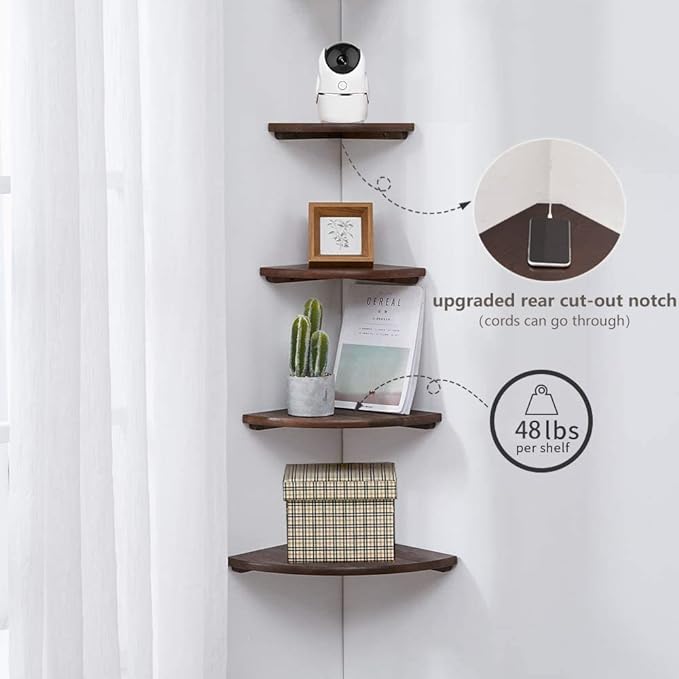 Corner Shelf,16inch Walnut Solid Wood Floating Corner Shelves Wall Mount Round End Floating Speaker Rack with Wire Hole for Small Plant for Bedroom Kitchen, Living Room-Ruum Studio Home