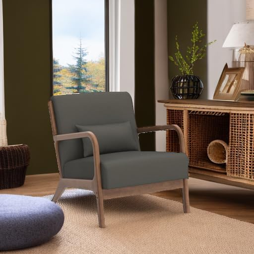 INZOY Mid Century Modern Accent Chair with Wood Frame, Upholstered Living Room Chairs with Waist Cushion, Reading Armchair for Bedroom Sunroom (Green)-Ruum Studio Home