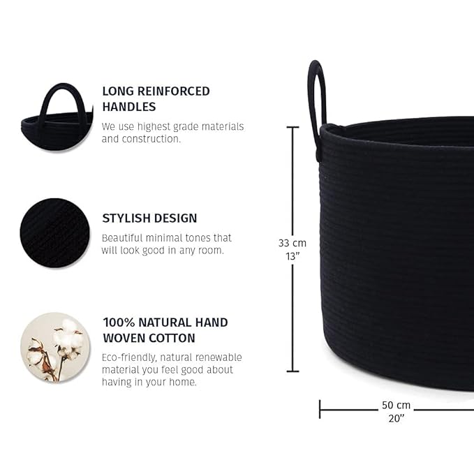 OrganiHaus Large Laundry Basket, Woven Cotton Rope Basket for Blankets, Toy Storage, Nursery Hamper, Living Room Decor Organizer, Soft & Durable Hamper with Handles, 20x13 inches - Black-Ruum Studio Home