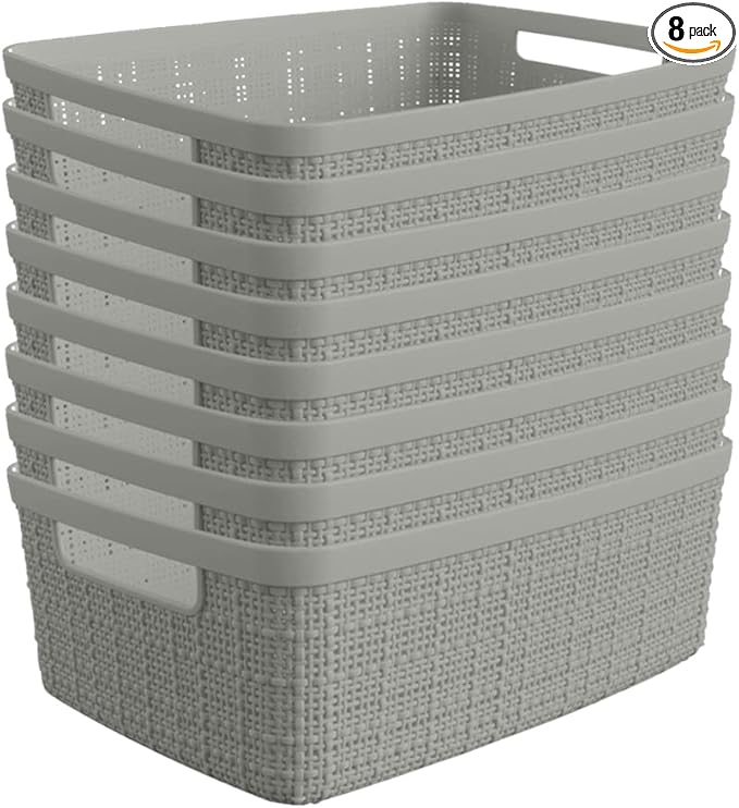 Curver Jute Decorative Plastic Organization and Storage Basket Perfect Bins for Home Office, Closet Shelves, Kitchen Pantry and All Bedroom Essentials, Small, Grey, Set of 8-Ruum Studio Home