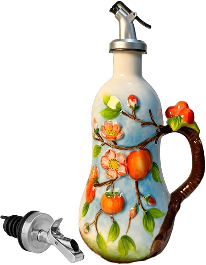 18.26oz/540ml Ceramics Olive Oil Dispenser Bottle,Hand Painted Reliefs Oil Dispenser for Kitchen,Oil Bottles for Kitchen (Persimmon)-Ruum Studio Home