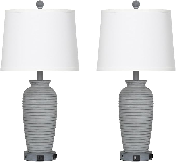 25" Farmhouse Jar Table Lamp Set of 2 Vintage Rustic Lamps for Living Room, Resin Bedside Nightstand Lamps with Linen Lampshades, Retro Pot Lamp for Living Room, Bedroom(LED Bulbs Included)-Ruum Studio Home