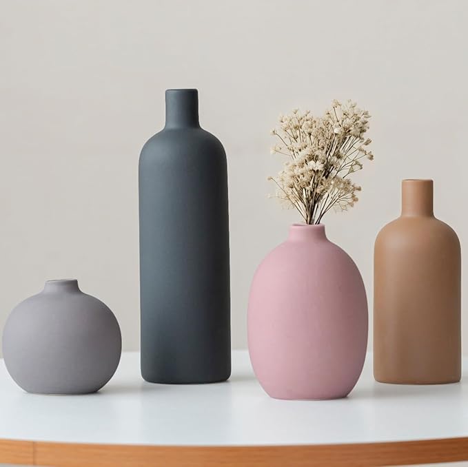 Modern Ceramic Vase Set, Neutral Colors, Decorative Vases for Home Shelf Decor, 4 Piece Collection (Black Mix Set 4)-Ruum Studio Home