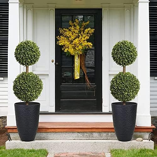 WORTH Garden 21" H Tall Planters 2 Pack - 14'' Dia Resin Large Round Black Flower Pots for Outdoor Plants Trees - Imitation Stone Finish Plastic Indoor Front Porch 9 Gallon Decorative Container Patio-Ruum Studio Home