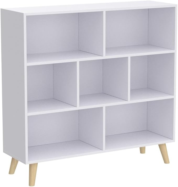 IOTXY Wooden Open Shelf Bookcase - 3-Tier Floorstanding Display Cabinet Rack with Legs, 7 Cubes Free Standing Bookshelf, Warm White-Ruum Studio Home