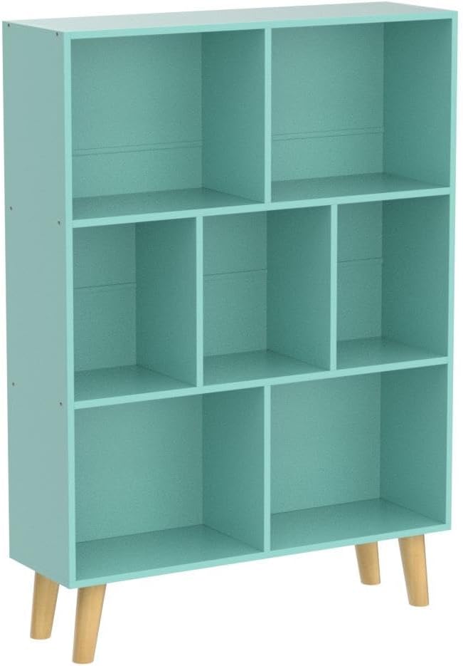 LEYAOYAO 7 Cube Bookshelf 3-Tier Bookcase with Legs, Mint-Green Kids Book Shelf Cute Storage Organizer, Toy Shelves Bookshelves,Wood Display Bookcases-Ruum Studio Home