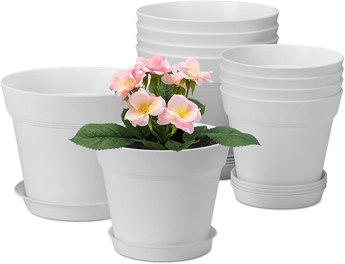 homenote Plant Pots,6/7.5 Inch Flower Pots for Plants Plastic Planters for Indoor with Multiple Drainage Holes and Trays, for All Home Garden Flowers Succulents,Outdoor(White,10 Pack)-Ruum Studio Home