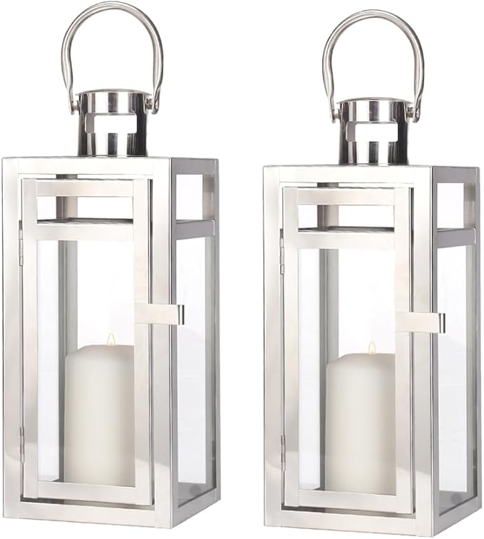 TRIROCKS Set of 2 Stainless Steel Decorative Lantern 12'' High Metal Hanging Lantern with Clear Glass Panels Perfect for Home Decor Living Room Parties Events Tabletop Indoors Outdoors (Silver)-Ruum Studio Home