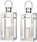 TRIROCKS Set of 2 Stainless Steel Decorative Lantern 12'' High Metal Hanging Lantern with Clear Glass Panels Perfect for Home Decor Living Room Parties Events Tabletop Indoors Outdoors (Silver)-Ruum Studio Home