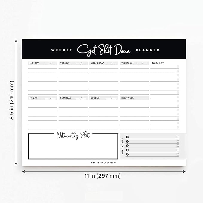 Bliss Collections Weekly Planning Pad, To Do List Notebook - Undated Tear-Off Sheets Notepad - Work Calendar, Organizer, Scheduler for Goals, Tasks - Get Stuff Done, 8.5" x 11", 50 Sheets-Ruum Studio Home