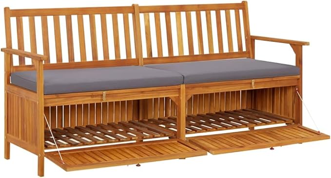 vidaXL Acacia Wood Outdoor Storage Bench Deck Box with Cushion - Solid Wood Patio Furniture, Brown/Dark Gray, 66.9"x24.8"x33.1"-Ruum Studio Home