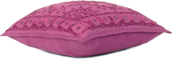 Eyes of India Embroidered Decorative Boho Throw Pillow Cover with Mirrors, Handmade Bohemian Accent Cushion Case for Sofa Couch Bedroom Living Room (Burgundy, 24" x 24")-Ruum Studio Home