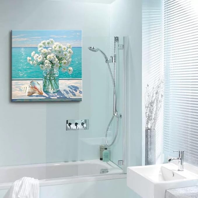 Bathroom Decor Ocean Daisy Flower Canvas Wall Art Coastal Nautical Seashell Seascape Framed Picture Ocean Theme Seascape Painting Artwork for Bedroom Home Decoration Square Blue 14x14"-Ruum Studio Home