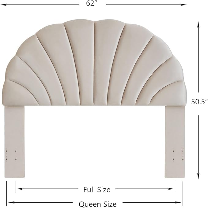 24KF Stunning Crown Design Queen Headboard, Upholstered Soft Velvet Petal Pattern Headboard Queen/Full-Beige-Ruum Studio Home