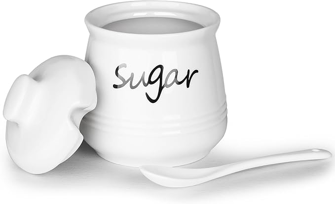 HAOTOP 12oz Sugar Bowl with Lid and Spoon,Ceramic Sugar Jar Sugar Dispenser Sugar Container Coffee Bar Accessories, Kitchen Countertop Canisters, White-Ruum Studio Home