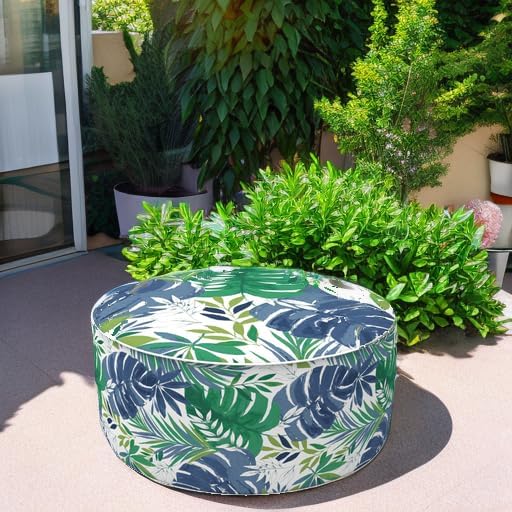 LVTXIII Outdoor/Indoor Round Inflatable Ottoman, All Weather Patio Footstool, Portable Footrest Seat for Patio Garden, Camping or Home, 21"x21"x9", Islamorada Blue Green-Ruum Studio Home