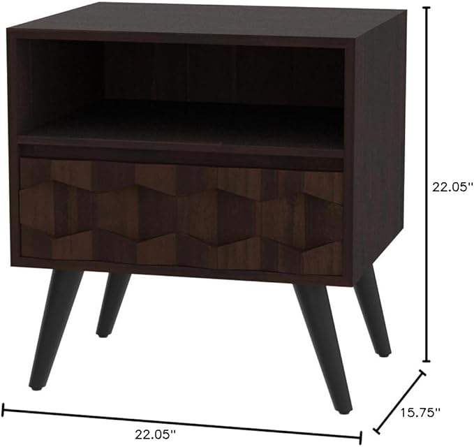 Bme Georgina Solid Wood Nightstand With 1 Drawer & Open Shelf- Fully Assembled Mid Century Modern Side Table - Geometric Pattern Bedside Dresser for Bedroom and Living Room-Ruum Studio Home
