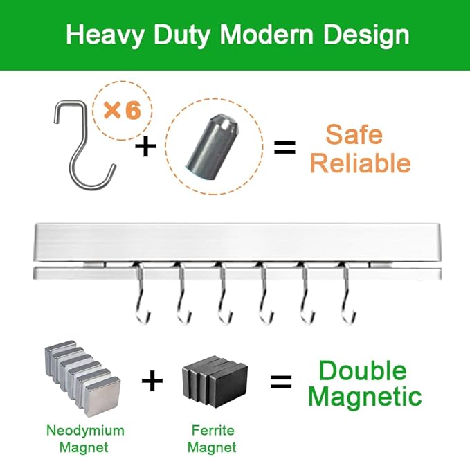 YIIYIIN 12" Premium 304 Stainless Steel Double-Sided Magnetic Knife Holder for Wall or Fridge -with Adhesive Strip, No Drill -6 Hooks Included for Kitchen Utensils-Ruum Studio Home