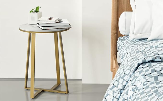 Round End Tables, Small Side Table White Marble Texture MDF Top,Metal Frame Gold Color, Tall End Table for Bed Room,Coffee Tea End Table for Living Room (White Marble+Gold)-Ruum Studio Home