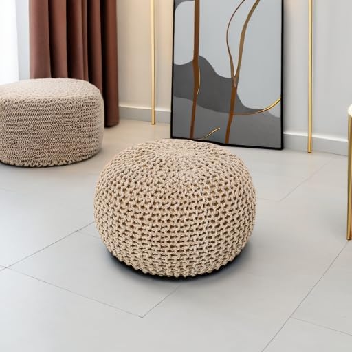 REDEARTH Round Pouf Ottoman - Hand Knitted Cable Boho Poof Home Décor Pouffe Circular Footrest for Living Room - Nursery - Bedroom - Lounge 100% Cotton (18”x18”x14”) - Beige Ivory-Ruum Studio Home