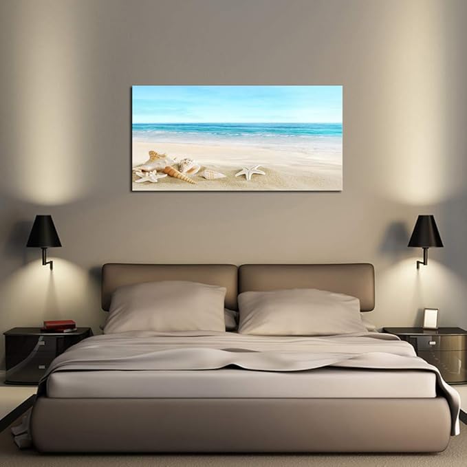 DZL Art S73975 Beach Picture Decor Ocean Painting Canvas Wall Art Prints of Starfish and Seashell on Sandy Seaside Ready to Hang for Living Room Bedroom Office Wall Decor Home Decoration-Ruum Studio Home