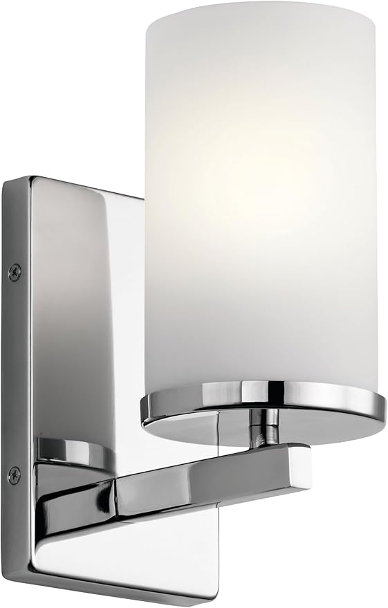 Kichler Crosby 9.25" Wall Sconce in Chrome, 1-Light Contemporary Hallway or Bathroom Light with Satin Etched Cased Opal Glass, (9.25" H x 4.5" W), 45495CH-Ruum Studio Home