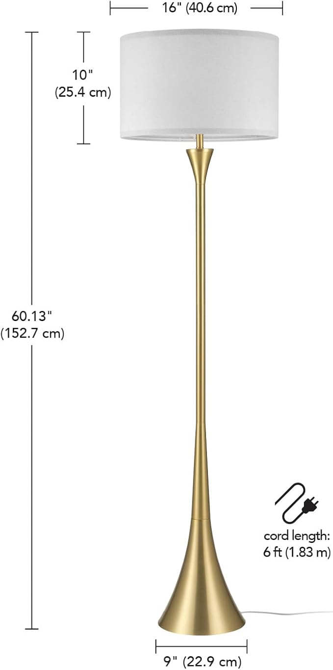 GLOBE Electric 61000150 60" Floor Lamp, Antique Brass Finish, Beige Fabric Shade, Mid-Century Modern Standing Lamp, E26 Base, Sustainable Design for Living Rooms and Bedrooms-Ruum Studio Home
