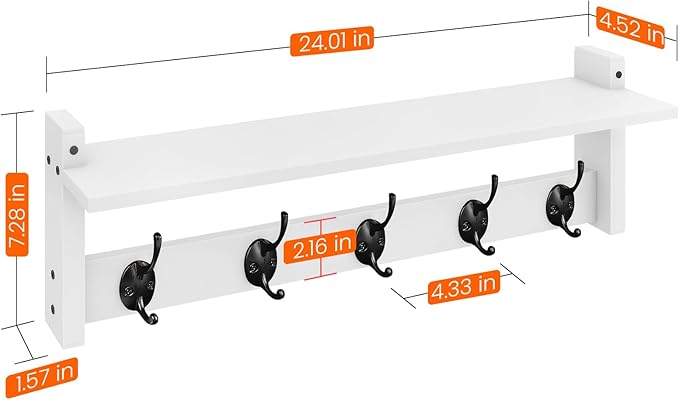 Homode Coat Rack with Wall Shelf and Hooks - 24 Inch Long, Wooden Hanging Coat Hanger with Hat Shelf for Entryway, Bathroom, Mudroom, White-Ruum Studio Home