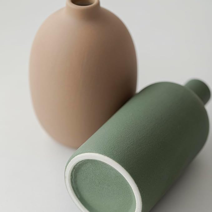 Modern Ceramic Vase Set, Neutral Colors, Decorative Vases for Home Decor, 4 Piece Collection (Green Mix Set 4)-Ruum Studio Home
