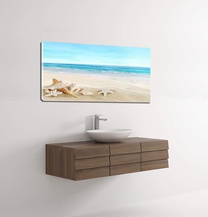 DZL Art S73962 Beach Picture Decor Ocean Painting Canvas Wall Art Prints of Starfish and Seashell on Sandy Seaside Ready to Hang for Living Room Bedroom Office Wall Decor Home Decoration-Ruum Studio Home