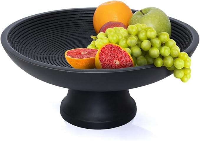 Folkulture Wooden Fruit Bowl for Kitchen Counter | 12" Large Premium Eco Friendly Banana Fruit Basket for Kitchen | Black Wood Bowl with Holder, Pedestal for Table Decor, Centerpiece for Dining Table-Ruum Studio Home