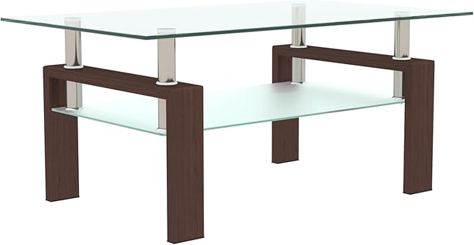 Glass Coffee Table for Living Room, Mordern Sofa Center Tables with Storage, Brown Metal Leg, Rectangle Tempered Glass Center Table Home Furniture-Ruum Studio Home