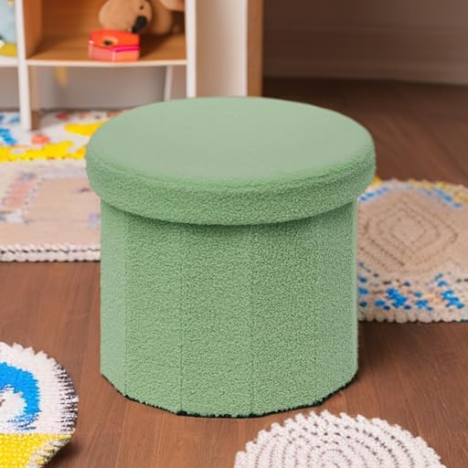 B FSOBEIIALEO Storage Ottoman Cube, Round Ottomans with Storage Foot Stool Footrest for Lving Room, Boucle Ottoman Seat for Dorm Room,Faux Teddy Fur, Green 15"x15"x15"-Ruum Studio Home
