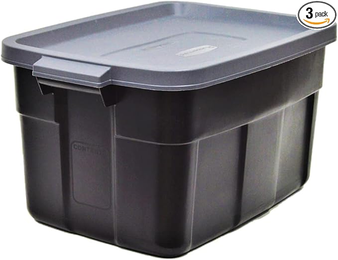 Rubbermaid Roughneck Tote 31 Gal, 3 Pack, Made in USA, Black & Gray, Rugged Plastic Stackable Storage Bins with Lids and Handles-Ruum Studio Home
