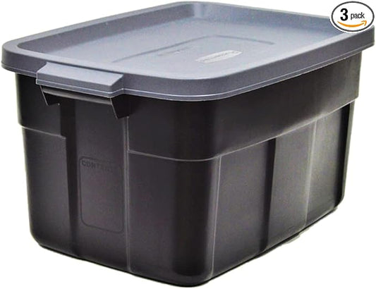 Rubbermaid Roughneck Tote 31 Gal, 3 Pack, Made in USA, Black & Gray, Rugged Plastic Stackable Storage Bins with Lids and Handles-Ruum Studio Home