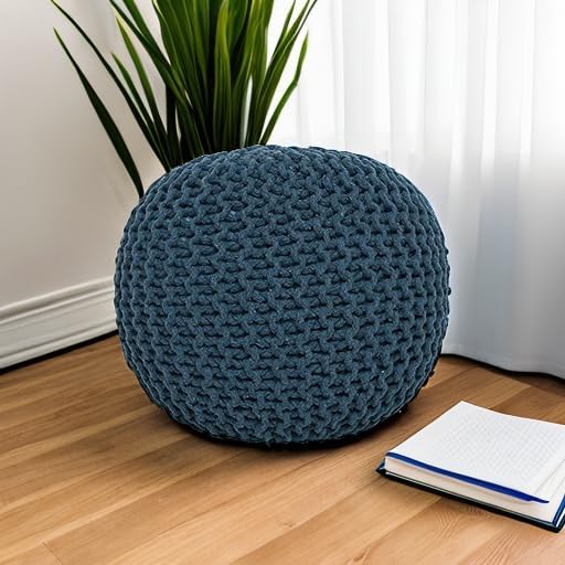 REDEARTH Round Pouf Bean Bag Ottoman - Foot Stool Hand Knitted - Home Decor Pouffe Stuffed - Cable Boho Poof Beanbag Footrest for Living Room - Nursery - Bedroom - Patio (19.5"x19.5"x14") - Teal-Ruum Studio Home