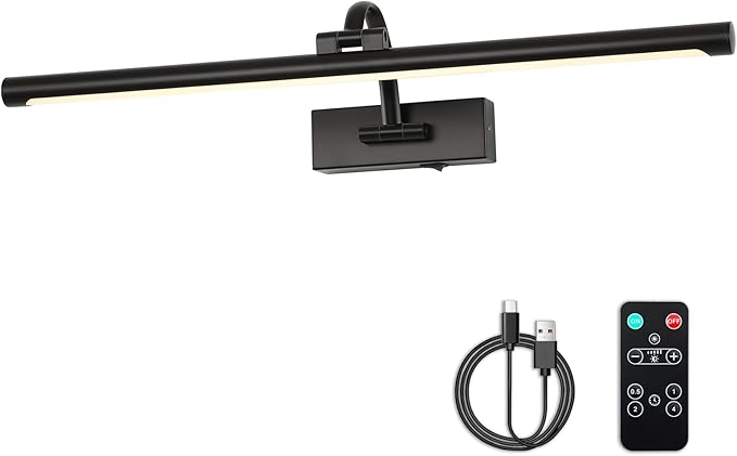 Dimmable Black Picture Lights with Remote and Timer Wireless Art Lights Rechargeable Gallery Lighting for Canvas Portrait 24'' Inch 5W Warm White-Ruum Studio Home