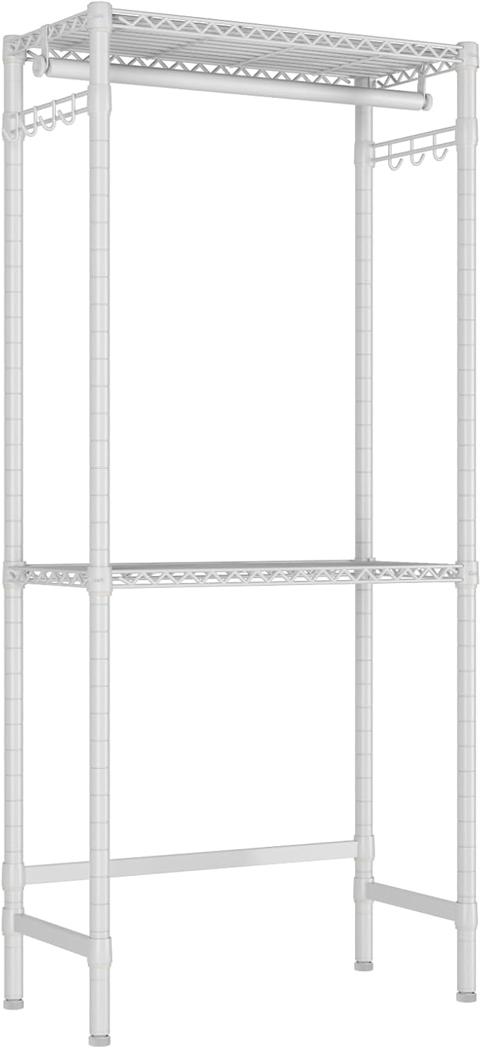 Over Washer and Dryer Shelves,2 Tier Adjustable Height Wire Shelving Laundry Room Storage Organization Clothes Drying Rack with Hanger Rod&Hooks,Space Saving Organizers Shelf,White-Ruum Studio Home