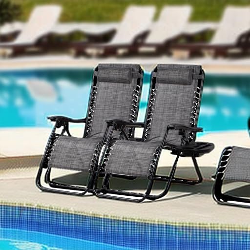 Nazhura Set of 2 Relaxing Recliners Patio Chairs Adjustable Steel Mesh Zero Gravity Lounge Chair Beach Chairs with Pillow and Cup Holder(Grey)-Ruum Studio Home