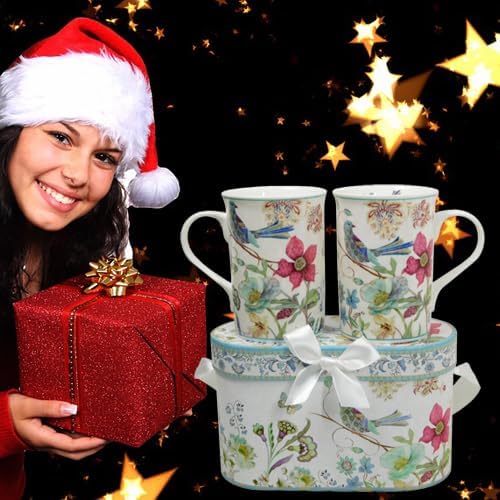 Lightahead Elegant Bone China Two Coffee Mugs set in Blue bird design 11.2 oz each cup in attractive gift box-Ruum Studio Home