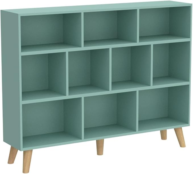 IOTXY Wooden Open Shelf Bookcase - 3-Tier Floor Standing Display Cabinet Rack with Legs, 10 Cubes Bookshelf, Tiffany-Green-Ruum Studio Home