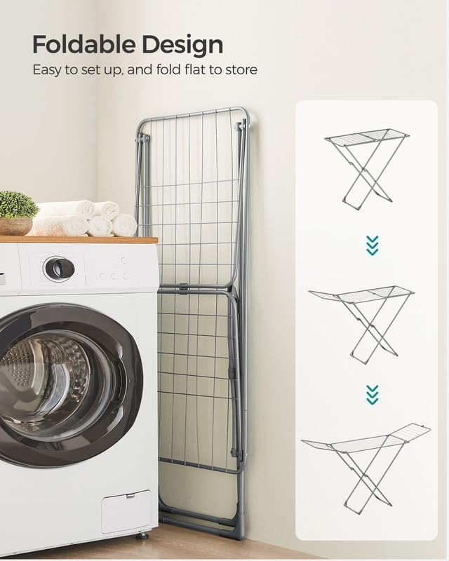 SONGMICS Clothes Drying Rack, Metal Laundry Drying Rack, Foldable, Space-Saving, Free-Standing Airer, with 2 Gullwings, Indoor Outdoor Use, Bed Linen Clothing, Gray ULLR540G01-Ruum Studio Home