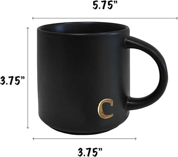 COLLECTIVE HOME - Black Monogram Ceramic Mugs, 15 oz Golden Initial Coffee Cups, Elegant Alphabet Tea Mugs, Personalized Halloween Mug with Gift Box, Perfect for Office and Home Décor (c)-Ruum Studio Home