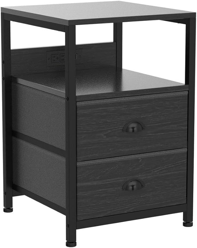 Furologee Nightstand Set of 2, Black Oak, with Charging Station and USB Ports, Side Tables with 2 Fabric Drawers, Bedside Tables with Storage Shelf & Hooks, for Living Room/Bedroom-Ruum Studio Home