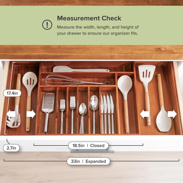 Premium Silverware, Flatware and Utensil Organizer for Kitchen Drawers, Food-Safe Contract Grade, Expandable from 18 to 33 In, Natural Acacia-Ruum Studio Home