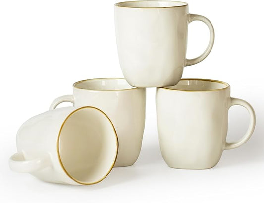 famiware Coffee Mugs Set of 4, Ocean Square 13oz Coffee Cup Set with Handle for Cocoa, Milk, Hot Chocolate, Tea, Water, Stoneware Cups for Kitchen, Microwave and Dishwasher Safe, Vanilla White-Ruum Studio Home