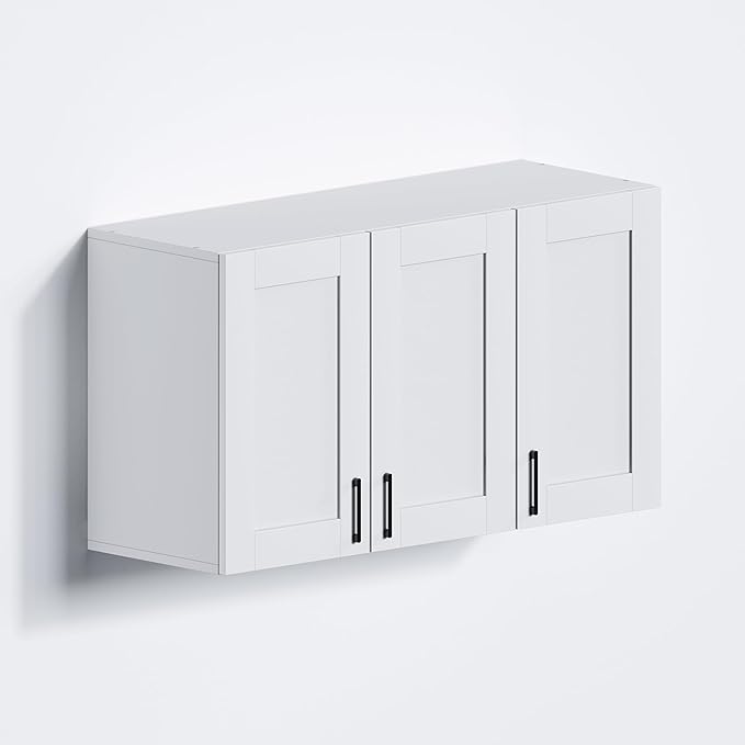White Laundry Room Cabinets and Storage with 3 Doors and Utility Adjustable Shelf，Gabinetes Para Cocina Cupboard Kitchen Organizers and Storage Pantry Wall Mounted 12.4"D x 35.4"W x 19.7"H-Ruum Studio Home