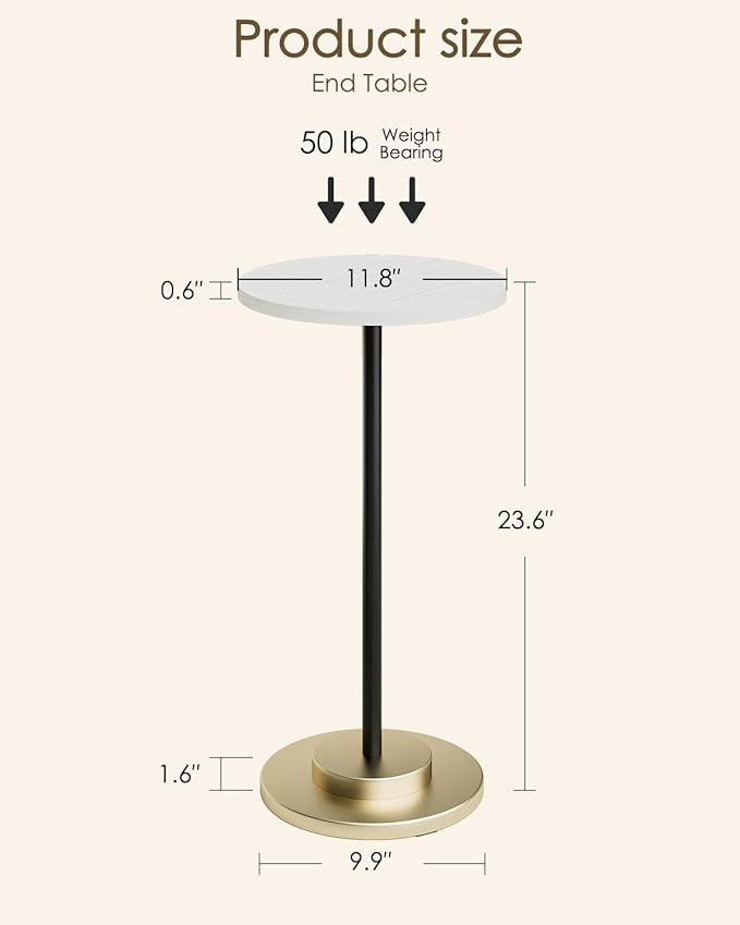 Masupu Drink Table, Round Side Table for Small Spaces, Pedestal Side Table, Small End Table with Metal Base, for Living Room, Bedroom, Bathroom, White-Ruum Studio Home